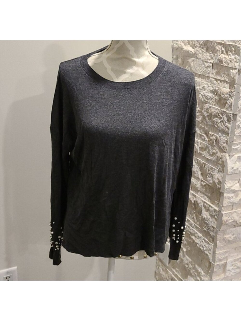 Zara Knit Faux Pearl Sleeve Long Sleeve Sweater